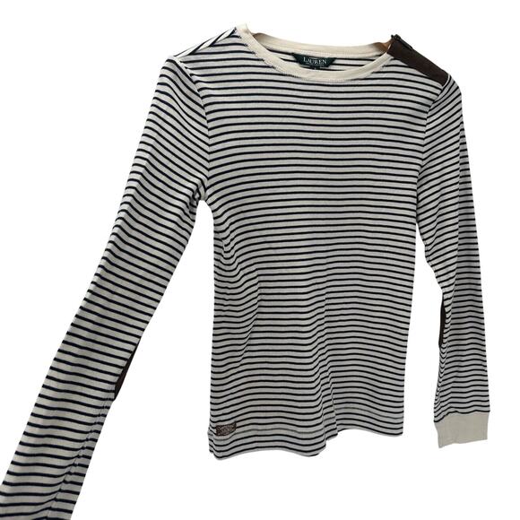 Lauren Ralph Lauren Shirt Womens Medium Cream Blue Stripe Faux Suede Detail - Picture 3 of 8